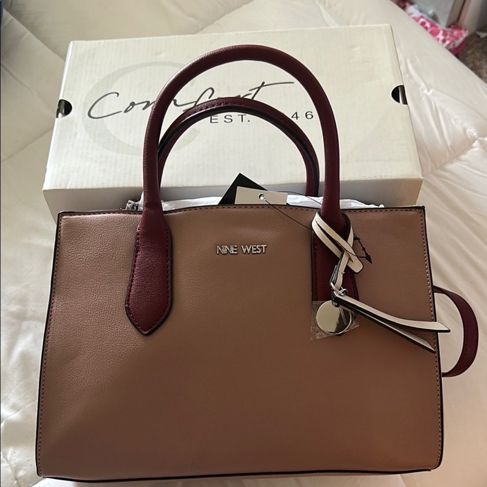 Nine West Tan and Red Satchel with Structured Design